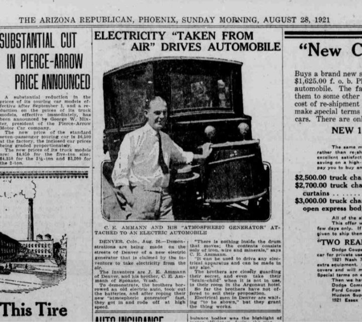 Electricity taken from air drives automobile, vintage newspaper