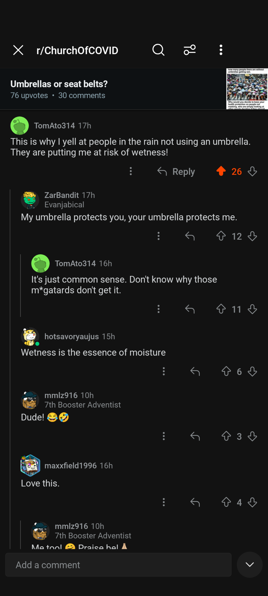 This is why I yell at people in the rain not using an umbrella